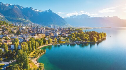 Montreuxs panoramic view from above, highlighting its perfect balance between city charm and natural splendor.