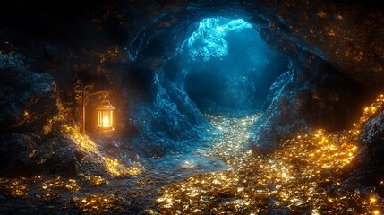 Deep Gold Mine Mysterious Pathway Treasure Lanterns Glowing Rocky Walls Photo