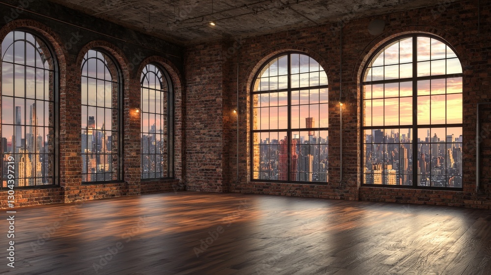 Poster an expansive loft with an empty room contains large windows that allow a generous amount of natural 