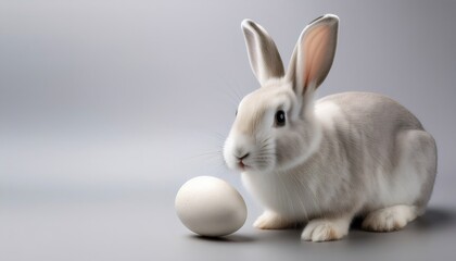 Obraz premium Easter bunny rabbit looking at an egg on gray background for easter celebration
