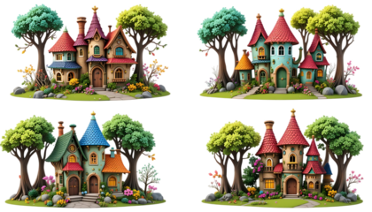 Vibrant Storybook Cottage in the Woods isolated on png