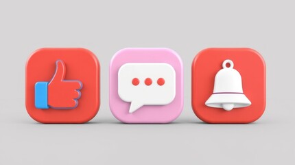 Social Media Like Comment Notification Icons Set in 3d Render