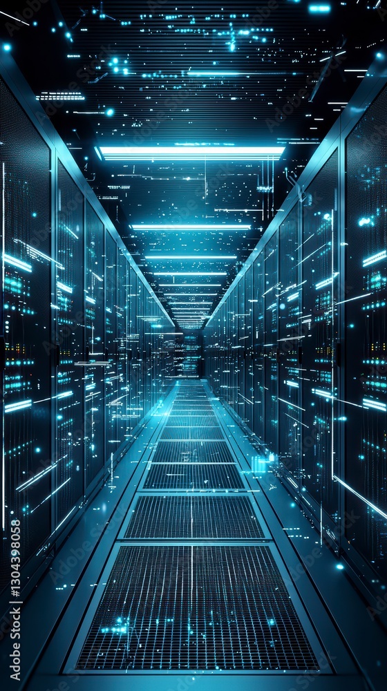 Poster server room: illuminated perspective: a symmetrical perspective view of a high-tech server room. bat