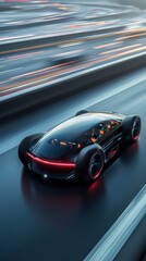 Obraz premium Concept Car on Highway: A sleek, futuristic concept car speeds along a blurred highway at night, its lines and glowing lights emphasizing speed and innovation, a digital artwork.
