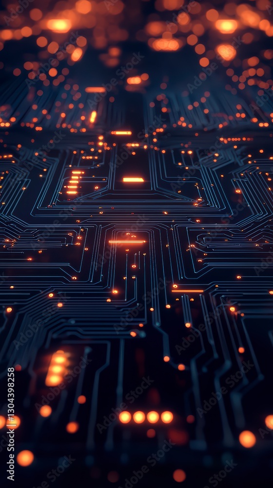 Poster circuit board abstraction: a close-up view of a complex circuit board with glowing orange lights, sh