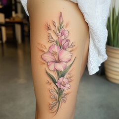 tattoo of one single gladiolus flower in a bold American traditional style color pink and yellow