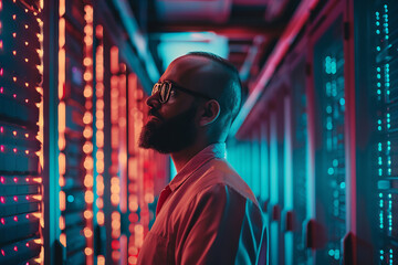 Obraz premium A man in a server room, with red and blue lights, concept: data, technology, IT, servers