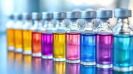 A row of sterile vials containing vibrant, clear liquid, meticulously arranged and ready for use. A perfect blank canvas for adding text or design elements, highlighting the product or enhancing the
