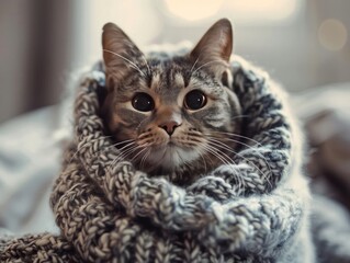 Naklejka premium Cat in a knitted sweater cozy but confused