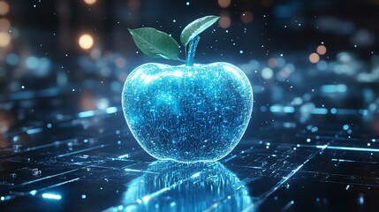 A futuristic holographic fruit projection floating in a dark space, sci-fi inspired