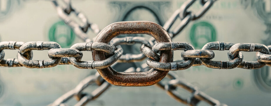 close up of strong metal chain with prominent link, symbolizing financial constraints and debt trap cycle. background features blurred dollar bills, enhancing theme of economic struggle