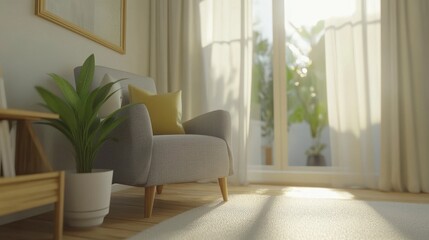 Scandinavian-style living room featuring a stylish gray armchair against a bright white wall, decorated with a potted plant.