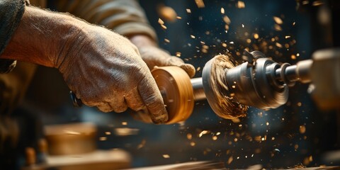 Carpenter turning wood with lathe and creating wooden object