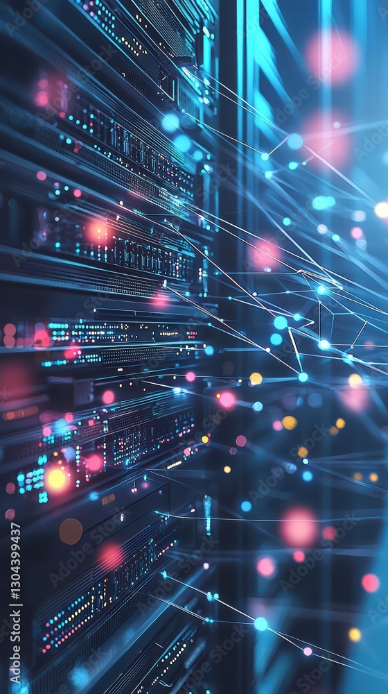 Poster data center: a visual representation of a data center, showcasing servers, and network connections i