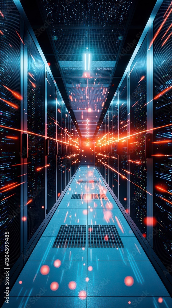 Poster cyber corridors: a mesmerizing visualization of a server room's architecture, showcasing data transf