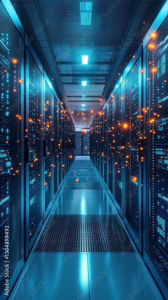Poster tech corridor: a modern data center corridor with servers illuminated in cool blue and warm orange l