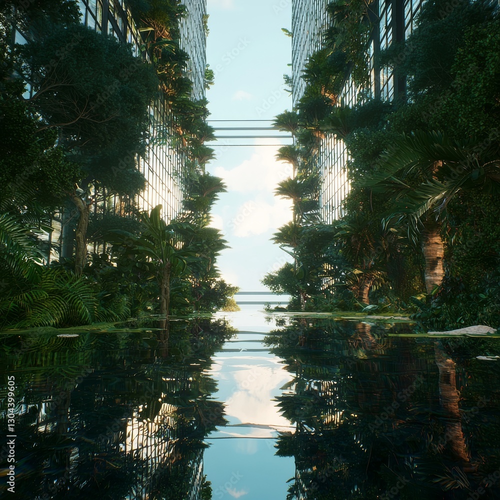 Poster a lofty edifice boasting a multitude of glass windows, situated in a setting with trees in the backg