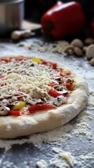 Pizza Paradise: A close-up shot captures a partially-made pizza, featuring a soft dough base, fresh tomato sauce, a medley of toppings, and a generous dusting of flour, ready for the oven.