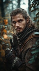 Young caucasian male warrior in medieval forest setting