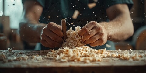 Carpenter using chisel creating wood shavings in workshop