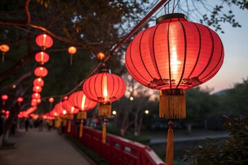 Obraz premium Minimalistic photo of a Chinese lantern festival with red lanterns glowing in the dark, extreme close-up capturing the warm light, softly blurred background.