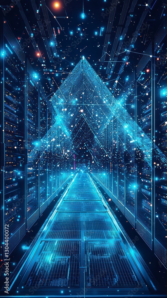 Poster cybernetic gateway: a mesmerizing perspective of data center with digital lines converge towards a g