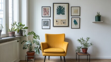Small and stylish apartment setup with a single armchair near a bright white wall and artistic decor.