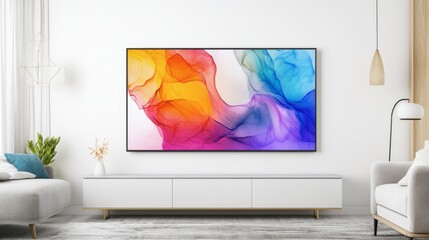 Smart TV framed like artwork on a white wall, blending seamlessly into a sophisticated, modern space.