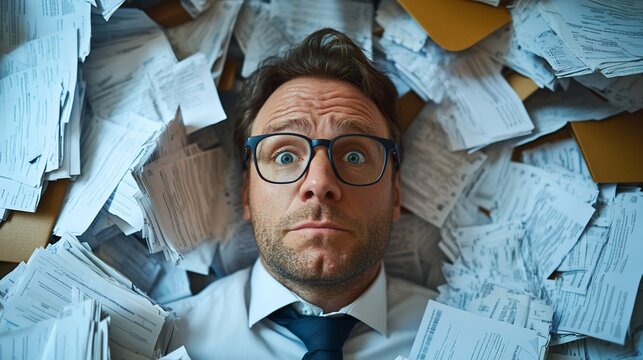 Overwhelmed man buried in paperwork, office floor, tax season stress