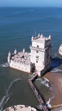 DRONE AERIAL FOOTAGE: The Belem Tower (Torre de Bel&eacute;m) was built between 1514 and 1520 in a Manueline style by the Portuguese architect and sculptor Francisco de Arruda.