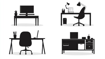 Four Minimalist Desk Workspace Silhouettes