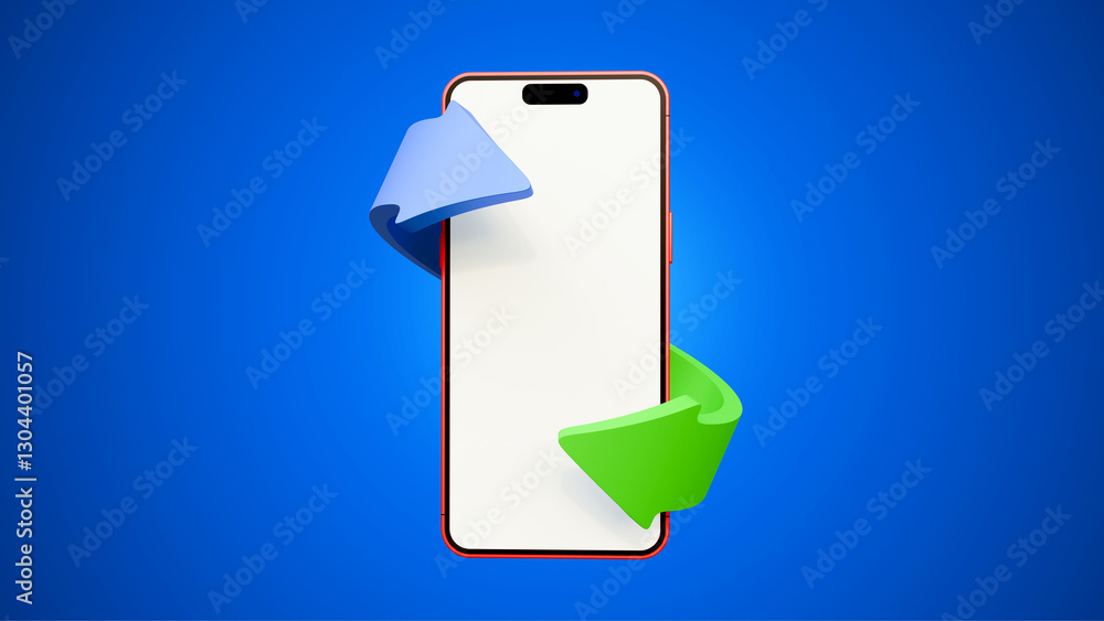 Poster blank screen smartphone with arrows on a blue background. blank screen smartphone mock up with arrow