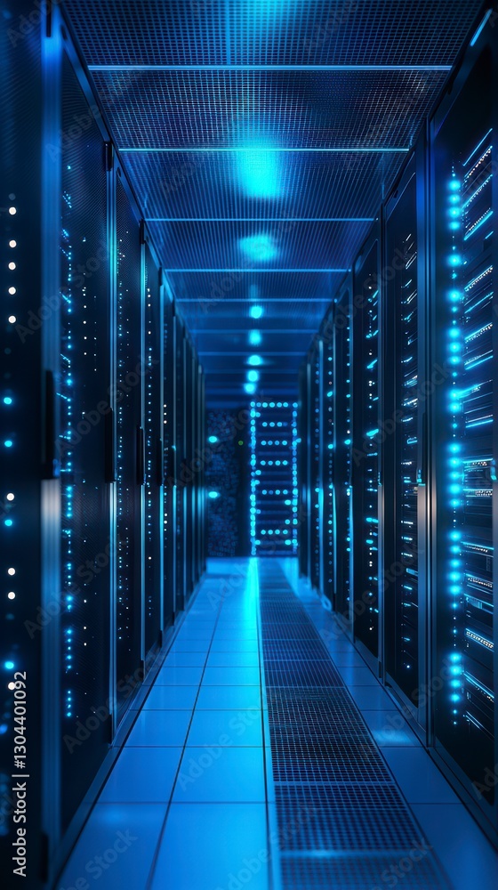Poster server room serenity: an endless perspective inside a futuristic server room with rows of powerful s