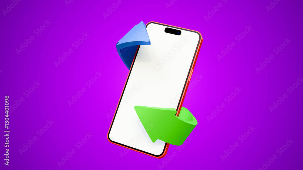 Poster blank screen smartphone with arrows on a purple background. blank screen smartphone mock up with arr