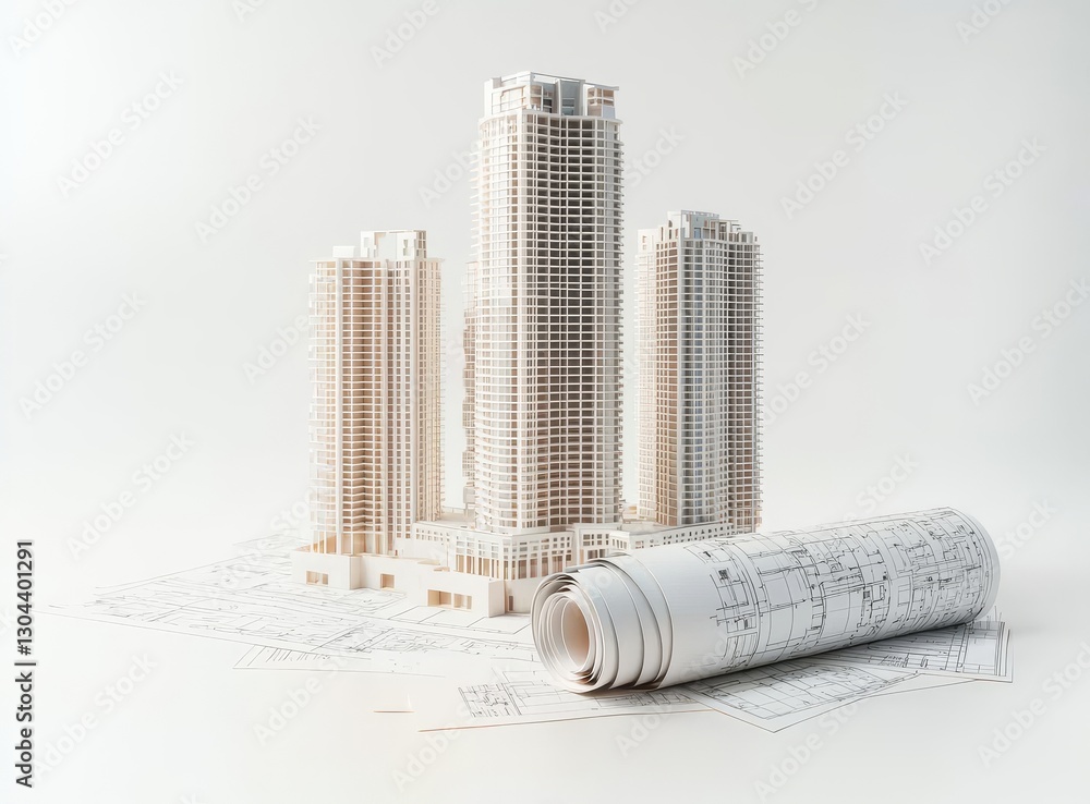 Poster the image features a 3d construction site scene set against a white backdrop with building plans and