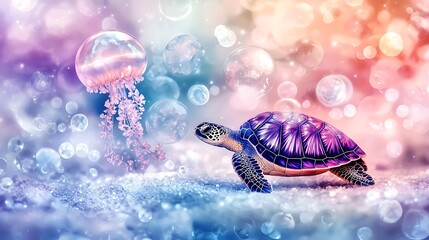 Naklejka premium Colorful turtle encounters jellyfish underwater ocean digital art serene setting close-up marine life