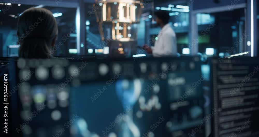 Poster molecular modelling software with animated molecules and atoms flowing on a desktop computer display