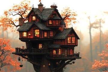 Obraz premium Autumnal Treehouse Fantasy