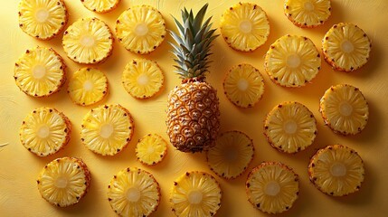 A vivid still-life of pineapple slices arranged like a sunburst, tropical vibes