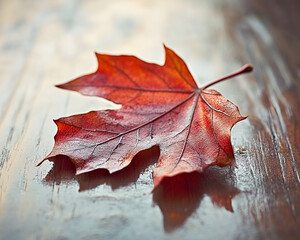 Beautiful Red Autumn Maple Leaf on Wooden Surface