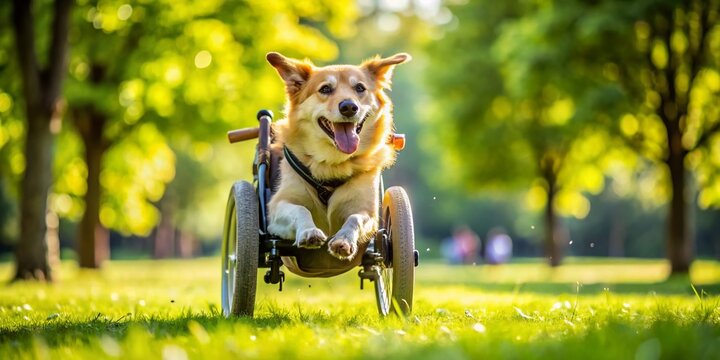 Aerial View: Happy Dog in Wheelchair Enjoying Outdoor Freedom
