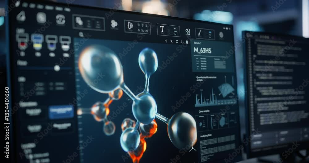 Poster young male scientist in a white coat using a tablet in a research center with a quantum computer. la