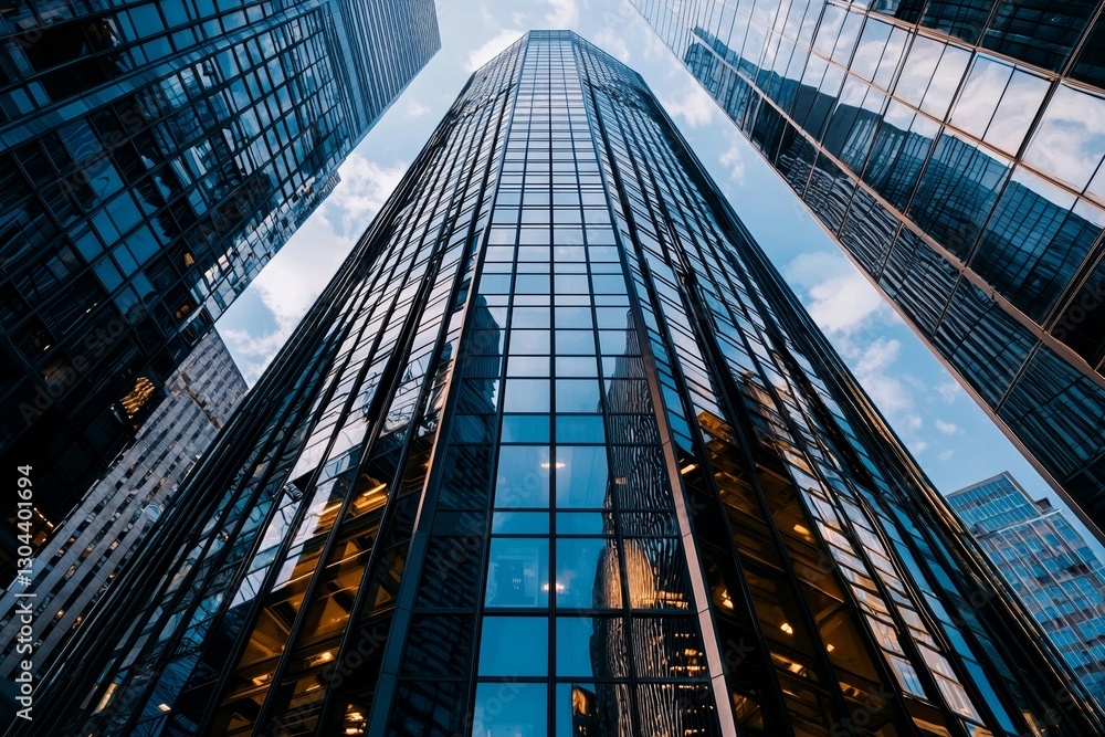 Poster a dense urban environment features three skyscrapers with distinct architectural styles and material