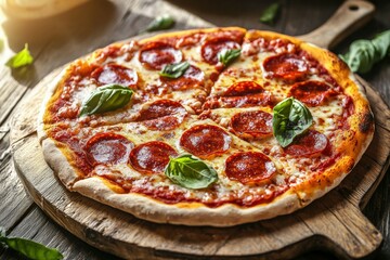 Delicious pepperoni pizza topped with fresh basil on wooden board