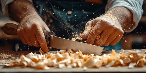 Carpenter using hand plane on wood with sawdust flying