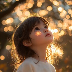 Child looking up, snowflake, bokeh