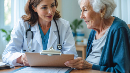 Female doctor showing medical chart to elderly woman patient