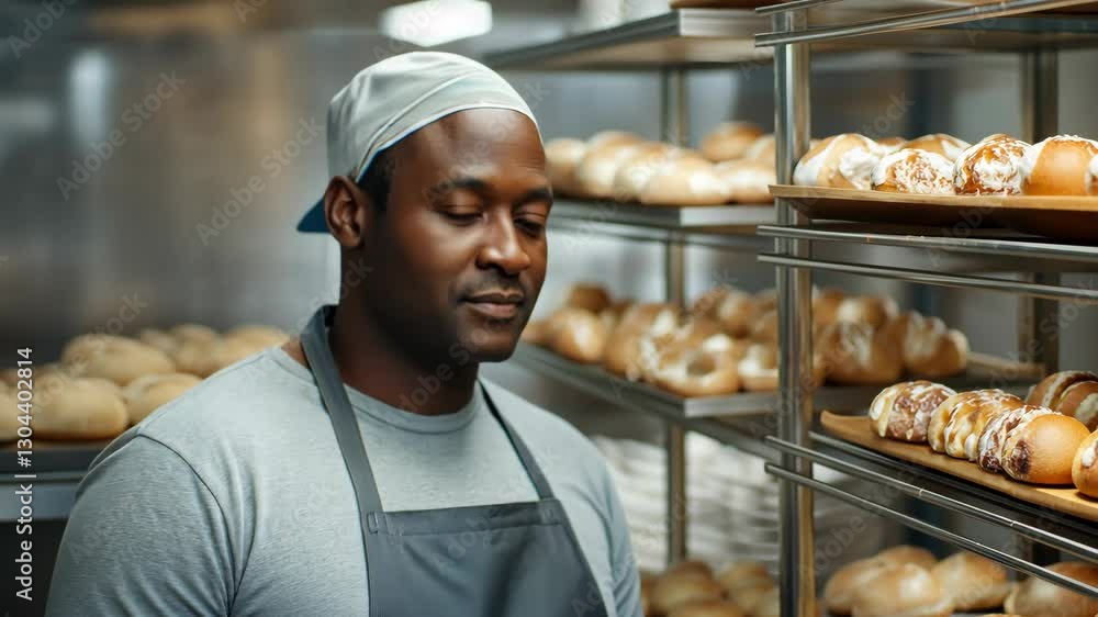 Poster man wearing a white hat and apron stands in front of a bakery display case. he is smiling and he is 