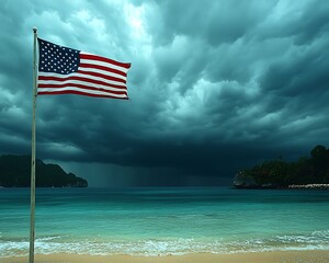 US Flag Stormy Beach Scene