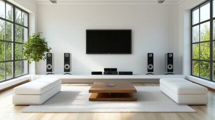 Ultra-modern home theater setup with a mounted Smart TV on a white wall, featuring hidden speakers.